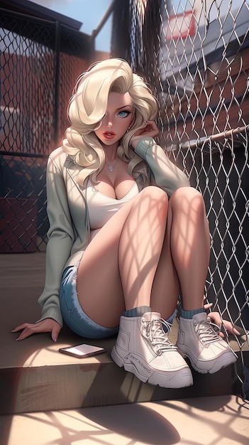 짧은 바지를 입고 앉아있는 아름답고 섹시한 애니메이션 스타일의 젊은 여성의 3d 그림