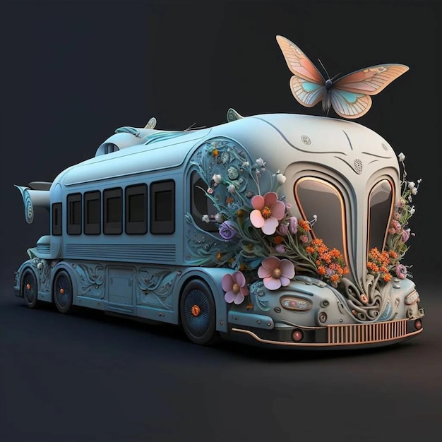 A 3d drawing of a bus with flowers on the top