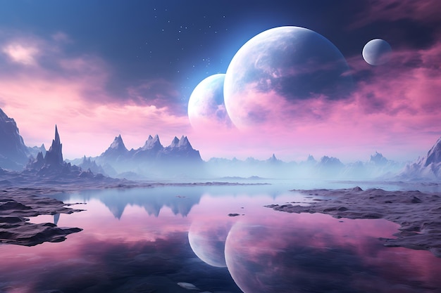 3D dreamlike landscape with floating planets clouds and cosmic sky