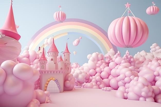 구름과 동화 요소가 포함된 3d 꿈의 풍경 핑크 테마 Dcor 핑크 벽 설정 Ai 생성