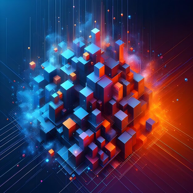 3d drijvende kubische elementen met diepblauwe oranje en elektrische paarse kleuren abstracte achtergrond