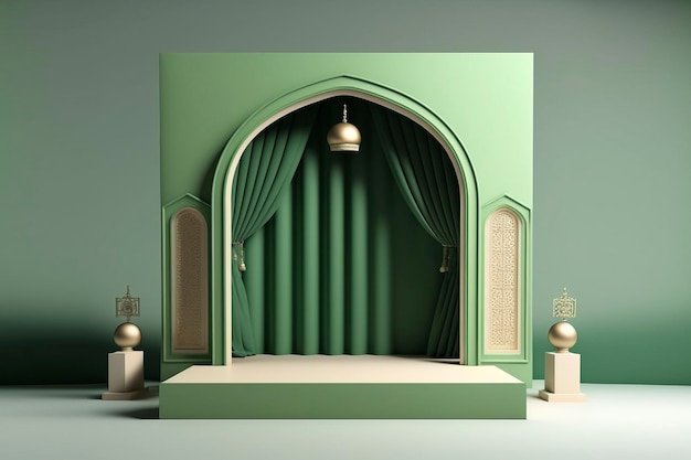 3D барабанная сцена, рамадан, зеленый шалфей, исламская тема