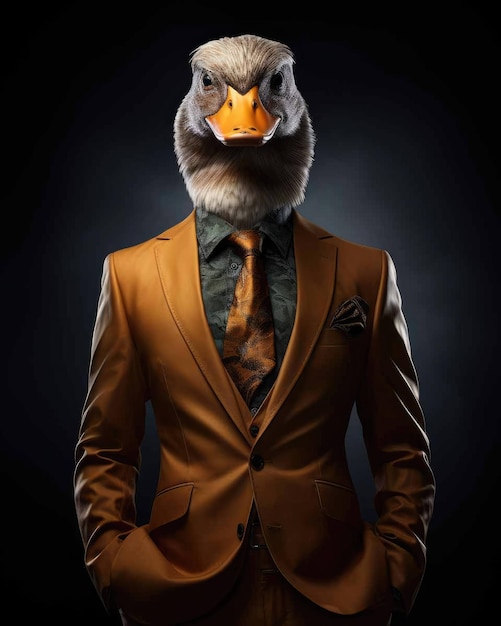 3D Duck in business suit with a human body looking serious with a dramatic studio background
