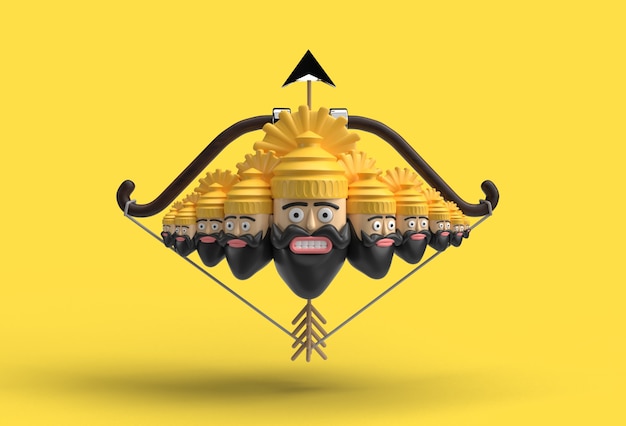 3D Dussehra celebration - Ravana ten heads with bow and arrow - Pen Tool Created Clipping Path Included in JPEG Easy to Composite.