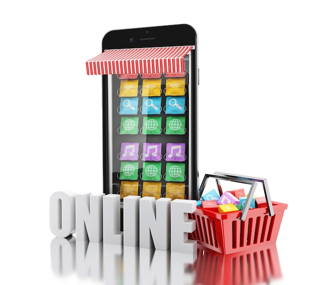 3d E-commerce, Smartphone with mobile app stores.