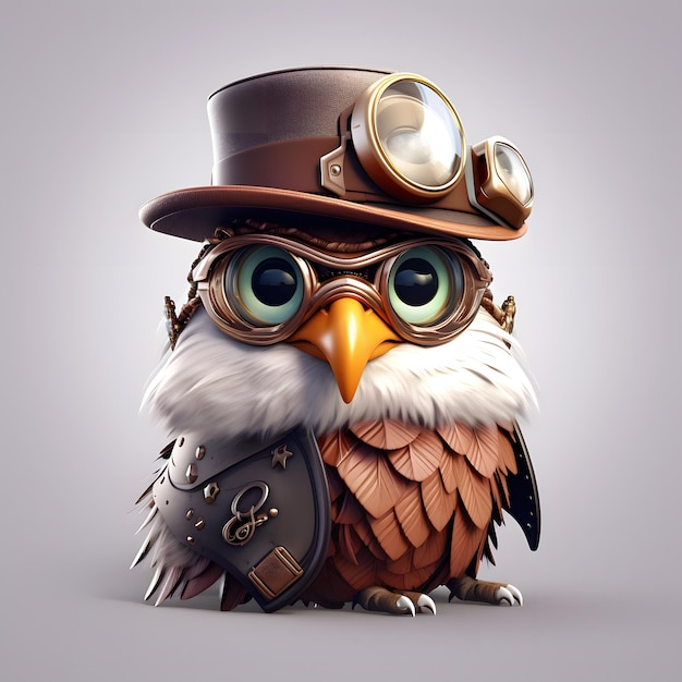 3d eagle cute cartoon in steampunk hat google glass