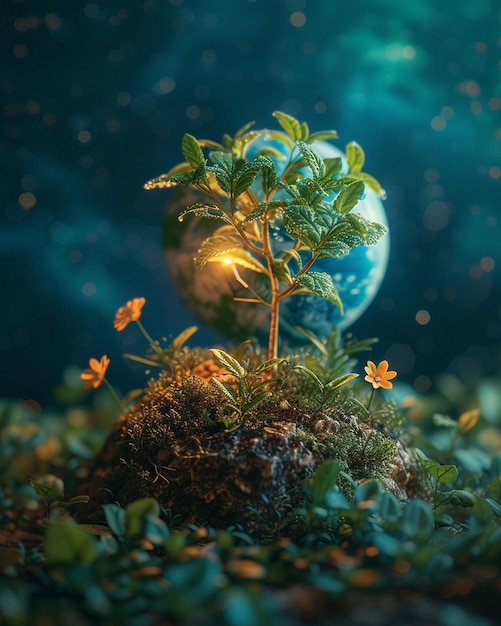 a 3D Earth Hour theme with symbolic plant growth
