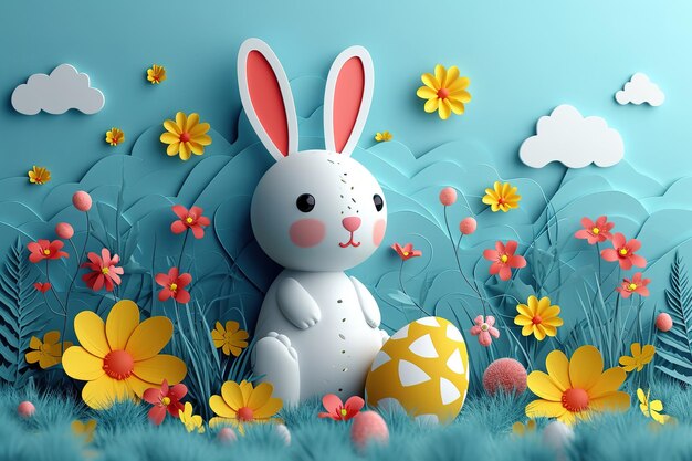 3d Easter banner with beautiful painted eggs and cute happy easter bunny