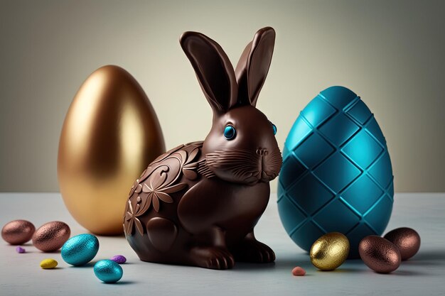 Foto bandiera di pasqua 3d con conigli di cioccolato e belle uova dipinte. concetto di caccia all'uovo di pasqua