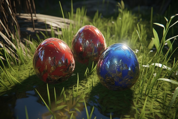 3d easter eggs nestled in grass