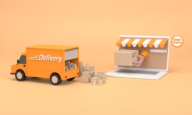 3D Ecommerce concept Shopping online and delivery service on computer applicationxA