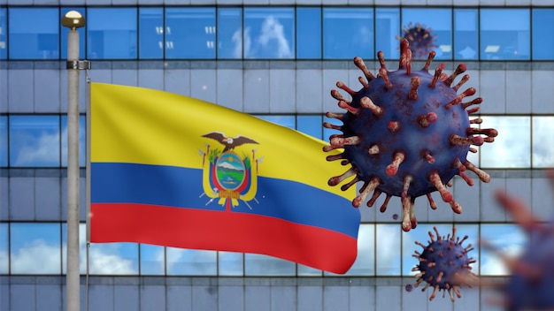 3D, Ecuadoraanse vlag die zwaait met moderne wolkenkrabberstad en coronavirusuitbraak als gevaarlijke griep. Influenza type Covid 19-virus met nationale Ecuador banner waait achtergrond