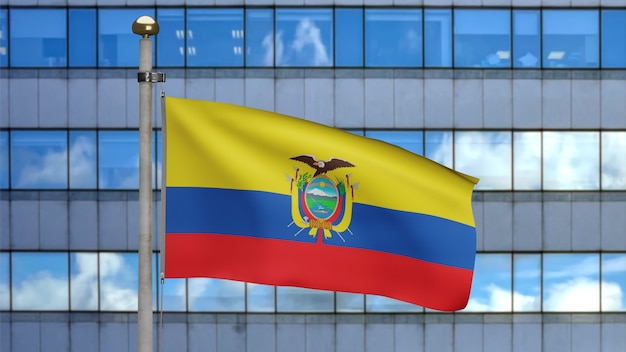 3D, Ecuadoraanse vlag zwaaien op wind met moderne wolkenkrabber stad. Ecuador banner blazen, zachte en gladde zijde. Doek stof textuur vlag achtergrond. Nationale dag en land gelegenheden concept.