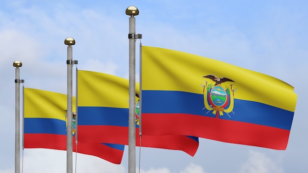 3D, Ecuadorian flag waving on wind with blue sky and clouds. Ecuador banner blowing, soft and smooth silk. Cloth fabric texture ensign background. Use it for national day and country occasions concept