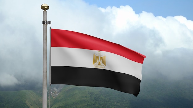 3D, Egyptische vlag die op wind bij berg golven. Egypte banner waait gladde zijde. Doek stof textuur vlag achtergrond. Gebruik het voor het concept van nationale dag en landgelegenheden.