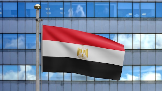 3D, Egyptische vlag die op wind zwaait met moderne wolkenkrabberstad. Close up van Egypte banner waait, zacht en glad zijde. Doek stof textuur vlag achtergrond.