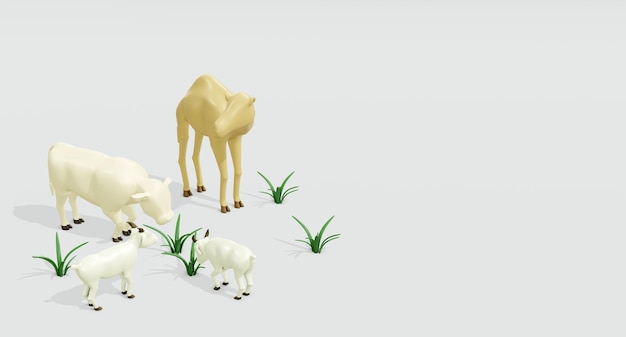 3d eid al adha animal sacrifice goat and cow and camel with\
left position and white background