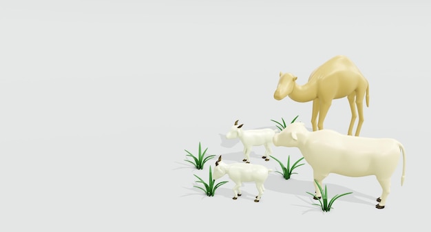 3d eid al adha animal sacrifice goat and cow and camel with\
right position and white background