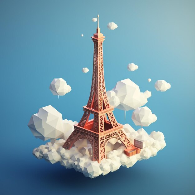 3d eiffel tower with clouds background