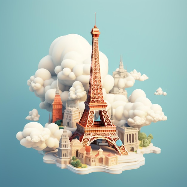 3d eiffel tower with clouds background