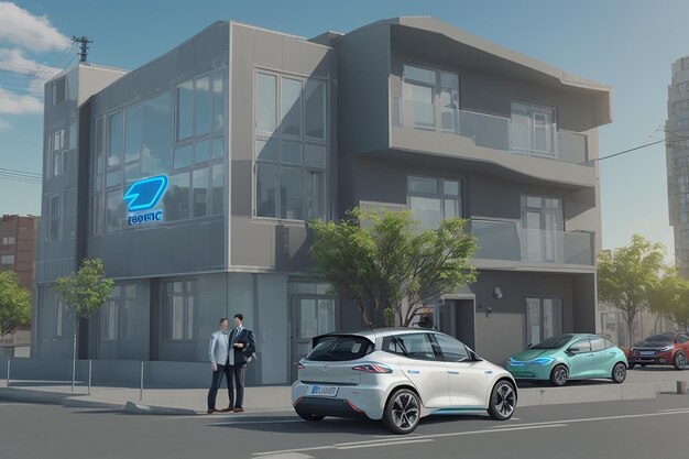 3d electric car and building