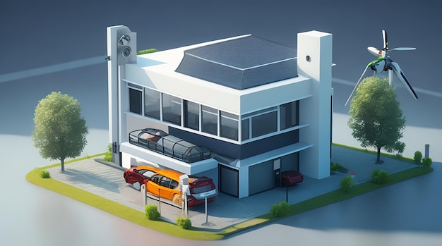 3d electric car and building