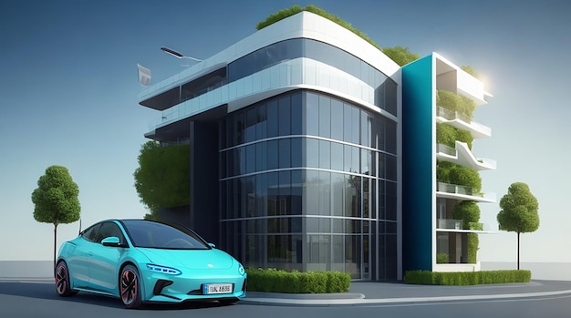 3d electric car and building