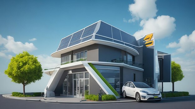 3d electric car and building