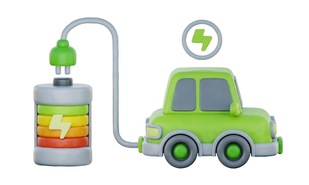 3d Electric car with battery charging Environmental Alternative Energy cartoon style 3d rendering