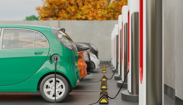 3d electric cars charging in parking lot