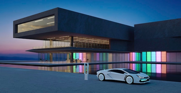 3D electric sports car is parked and charged outside the modern building