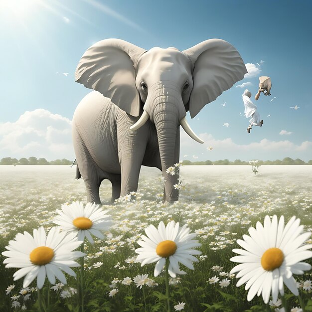 Photo 3d elephant amidst a meadow of white daisies trunk gracefully raised ai generated