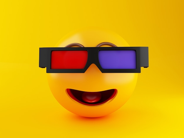Foto 3d emoji met 3d oogglazen. bioscoop concept.