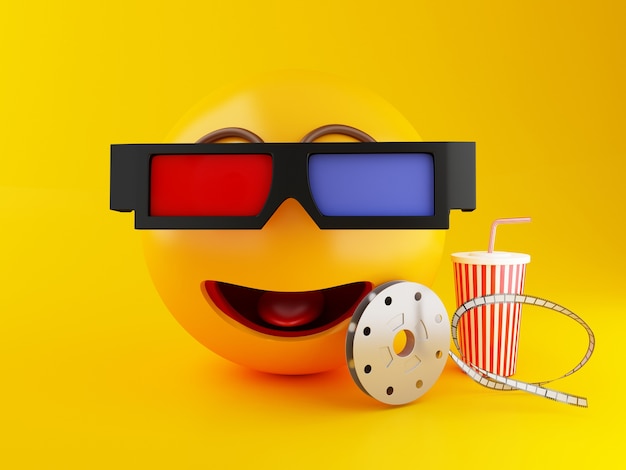 3d Emoji met bril en drankje. Bioscoop