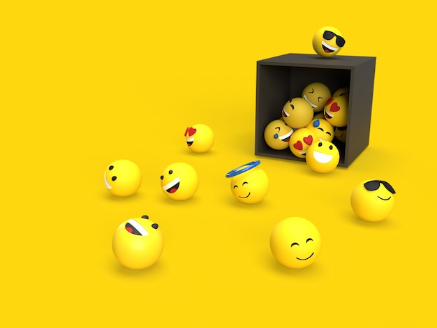 Emoji 3d con scatola nera sul concetto di social media del pavimento con colore di sfondo giallo reso