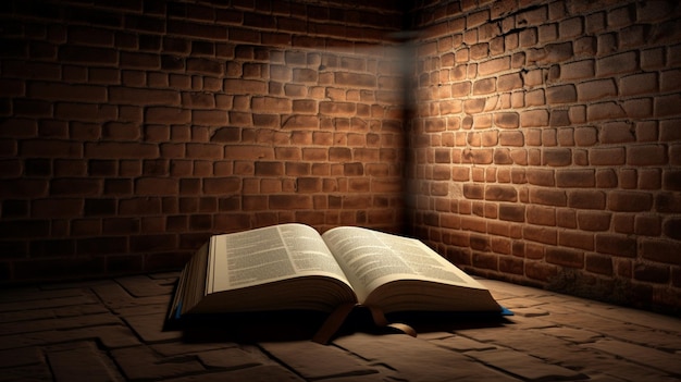 3D empty book opened on a brick wall with a spotlight highlighting the book