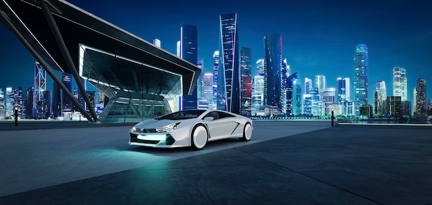 3D Empty cement floor with modern building exterior and brandless electric EV car