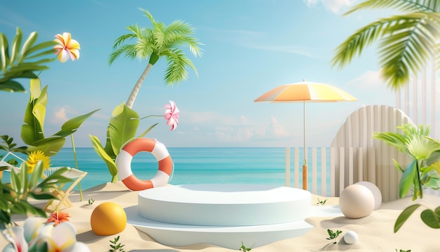 Photo 3d empty circular podium display on sea summer background minimalist style