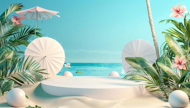 Photo 3d empty circular podium display on sea summer background minimalist style