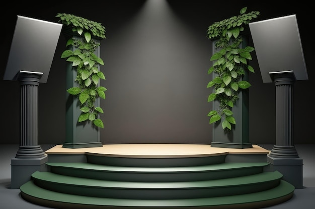 3d empty pedestal stand with green leaves for outdoor studio scene generative ai