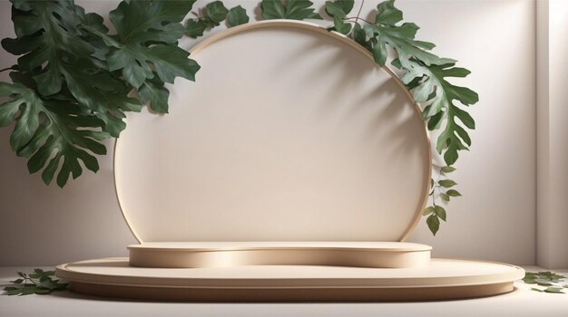 Photo 3d empty podium mockup with leaf decoration