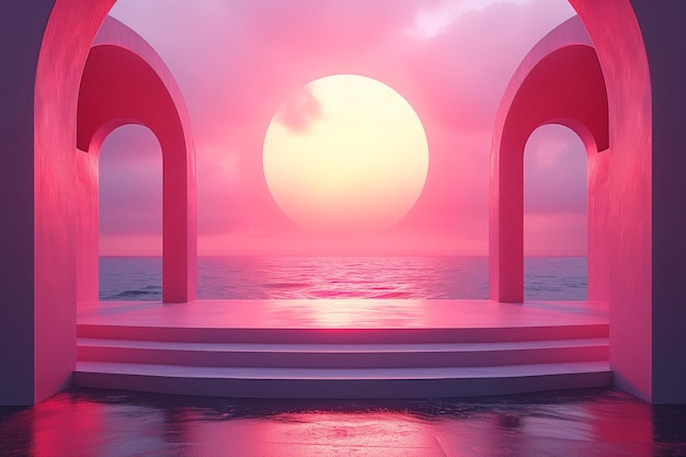 3d empty product display podium with Sunset View Through Archway Over Ocean Horizon