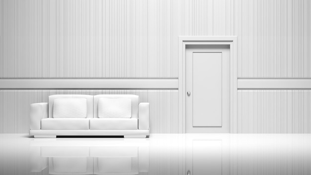 3D empty room walls door and sofa