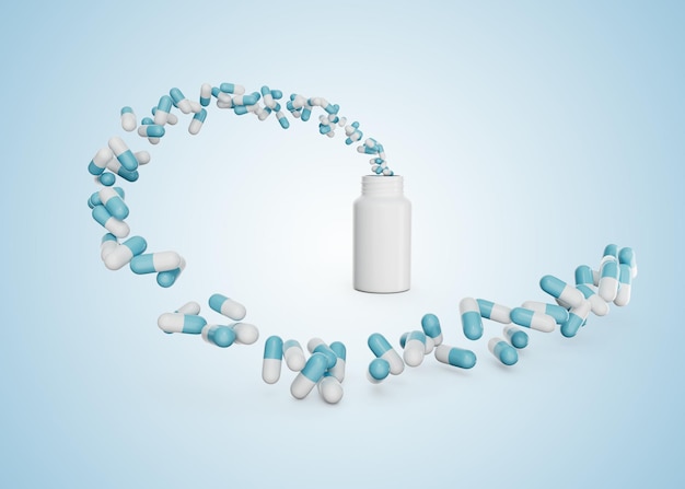 空に飛ぶ抗生物質のカプセルが入った空の白い薬瓶 3Dイラスト