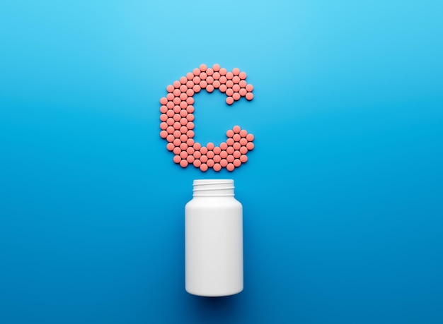Photo 3d empty white pill bottle with c text made of rounded vitamin c tablets 3d illustration