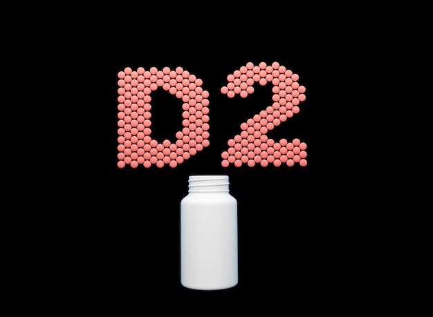 Фото Пустая белая бутылка таблеток с d2 текст, сделанный из таблеток витамина d2 черный фон 3d иллюстрация