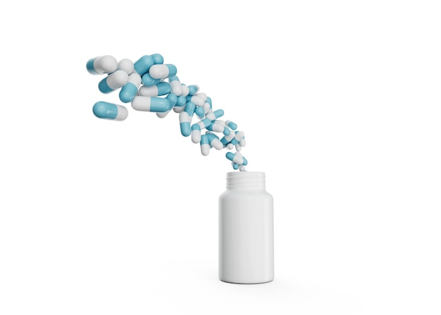 Пустая белая бутылка таблеток с фармацевтическими антибиотическими капсулами, летающими в воздухе