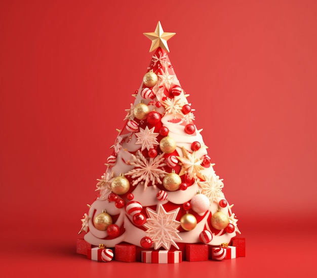 3D en schattige kerstboom met geschenkdozen en decoraties in rode en gouden generatieve AI