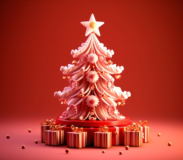 3D en schattige kerstboom met geschenkdozen en decoraties in rode en gouden generatieve AI