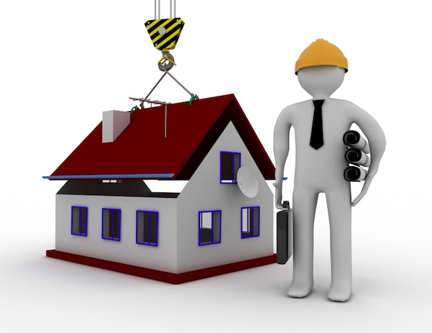 3d engineer with house and laptop. 3d rendered illustration